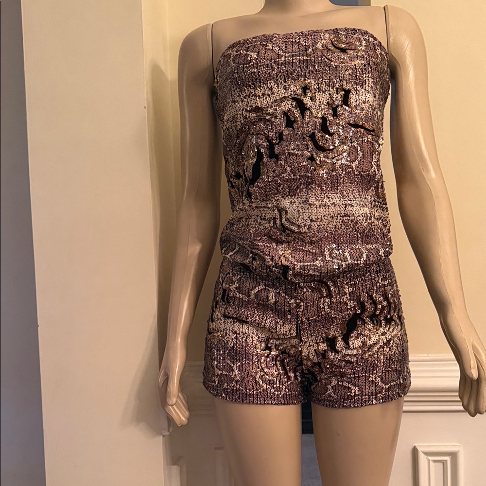 Stylish Brown Patterned Sequins Strapless Romper … - image 1
